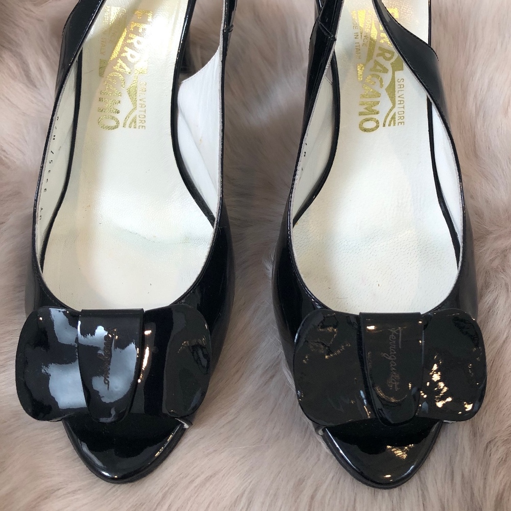Salvatore Ferragamo Patent Black Sandals